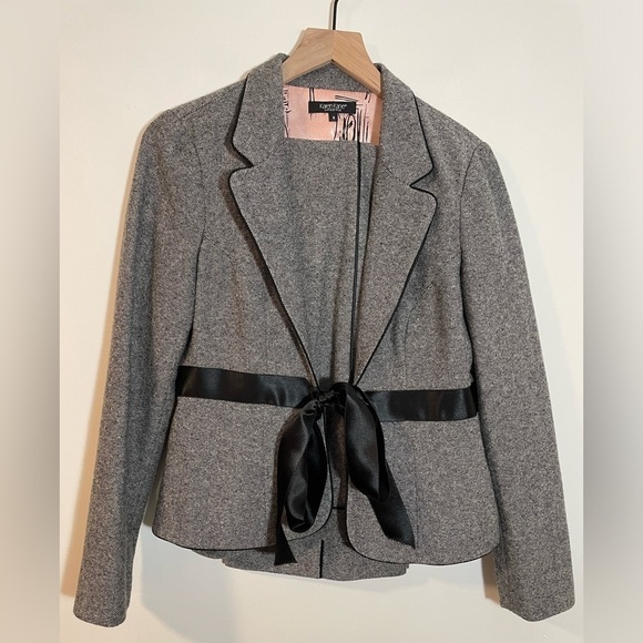 Karen Kane Jackets & Blazers - Karen Kane Wool Gray Black Piping & Ribbon Tie Suit Jacket Size 8 Pants Size 12